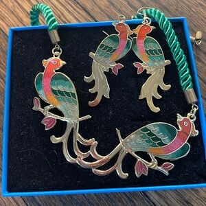 Stunning tropical bird earring and necklace set- necklace has green ribbon chain